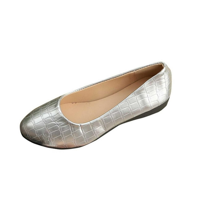 Flat for Womens Slip on Almond Toe Stone Embossing Micro Wedge Soft Sole Spring Summer Casual Shoes Silver