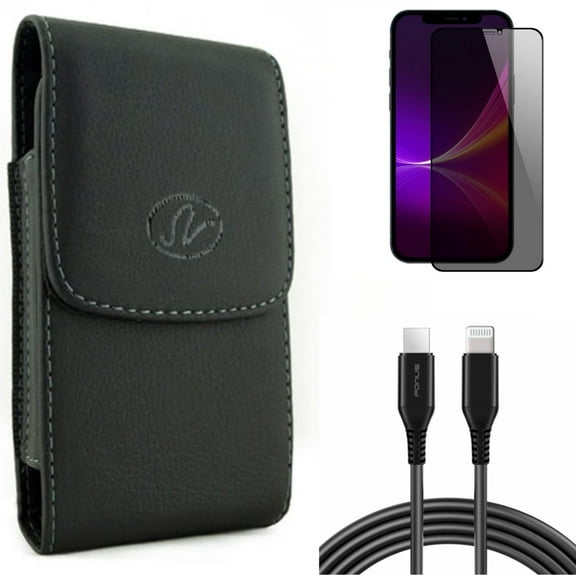 Case Belt Clip & 10ft PD Cable & Privacy Screen Protector for iPhone 13 Pro Max ONLY - Leather Holster Cover   USB-C Fast Charger Long   Tempered Glass Curved Anti-Spy Combo