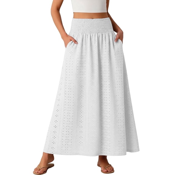 LWavelet Women Eyelet Embroidery Tiered Maxi Skirt Elastic Smocked Waist With Pockets Cute Summer Long Skirt White XL