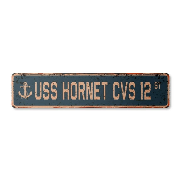 USS HORNET CVS 12 Vintage Aluminum Street Sign us navy ship veteran sailor rustic metal tin gift | Indoor/Outdoor | 18" Wide