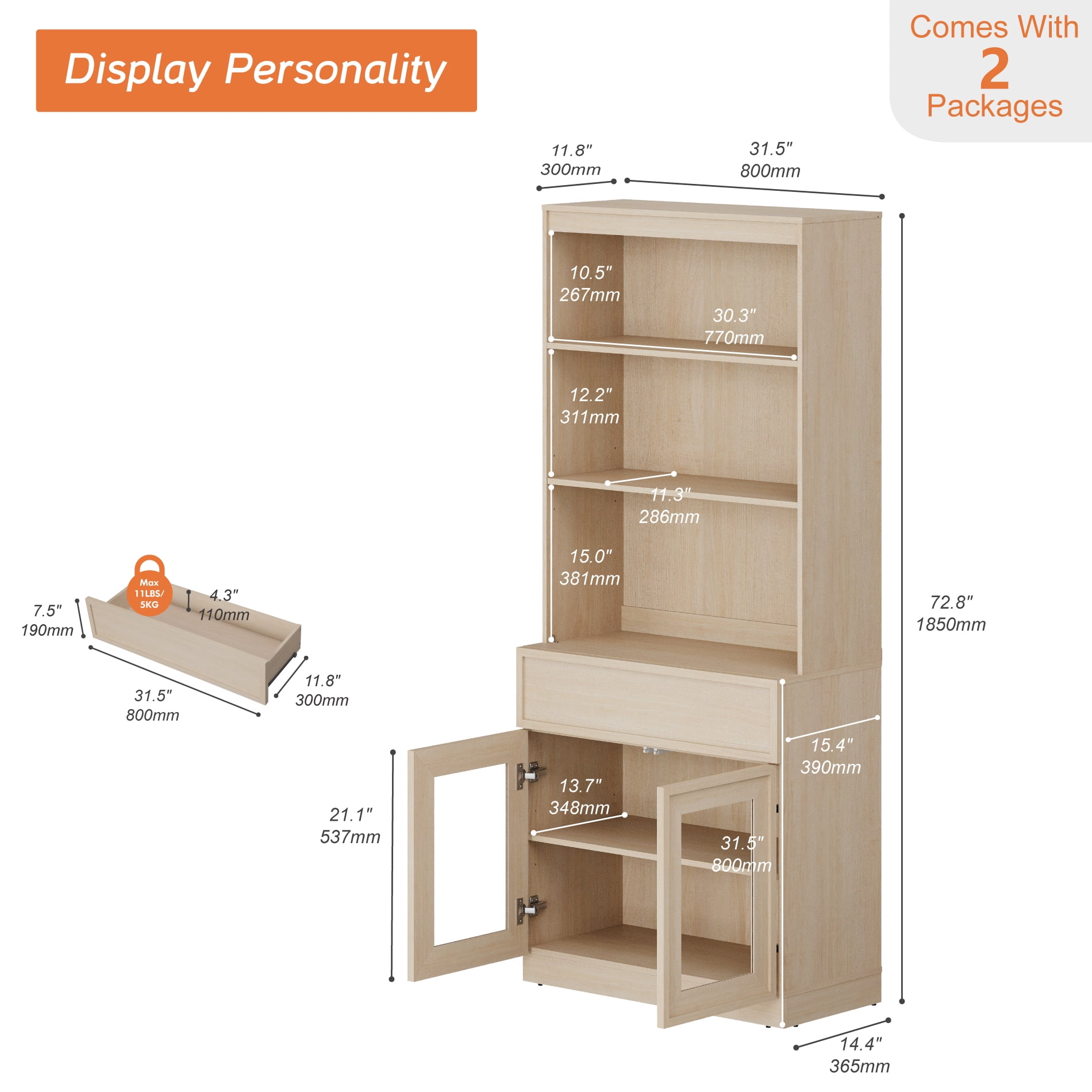 Modern 72" Tall Bookshelf with Glass Doors & Drawers, Library Bookcase with Storage Cabinet and Open Shelves,Beige