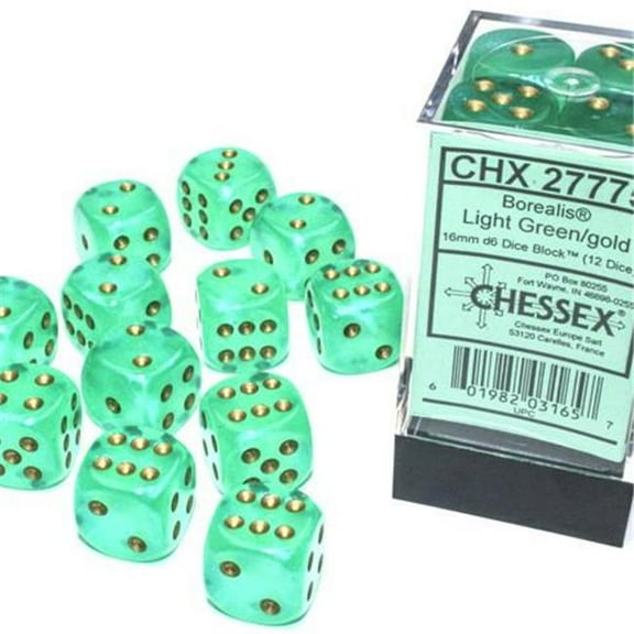 Chessex Manufacturing  16 mm D6 Cube Borealis Luminary Dice, Light Green with Gold Numbers - Pack of 12