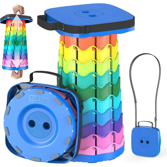 Upgraded Collapsible Stool, Portable Folding Stool, Telescoping Camping Chair with Max Load Capacity 485lbs, Square Retractable Stool for Camping Gardening Fishing Hiking BBQ [Rainbow Blue]