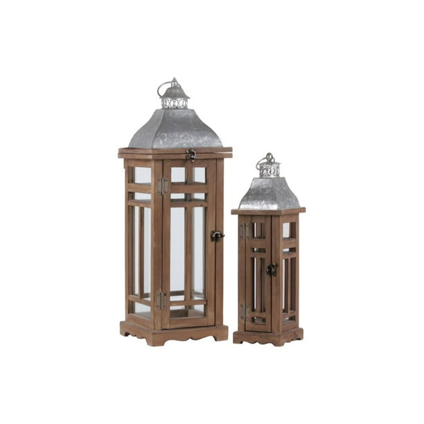 Benzara Traditional Wooden Lantern With Galvanized Top Set Of 2 Natural Brown Walmart Com Walmart Com