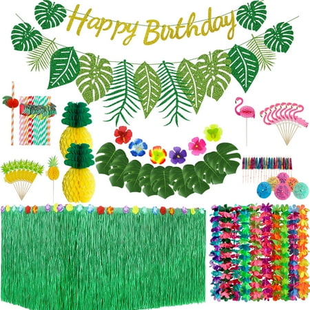 Hawaiian Tropical Party Decorations - 9Ft Grass Table Skirt, Leaf Banner, Leis Necklace, Palm Leaves, Hibiscus Flowers, Fruit Straws, 3D Flamingo and Pineapple Cake Toppers for Luau Party Supplies