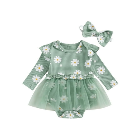 

Licupiee Girls Romper Dress Daisy Print Long Sleeve Jumpsuits and Headband