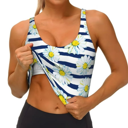 Qokaie Daisy Striped Nautical Pattern Womens Scoop Neck Sports Bra Breathable Workout Vest Padded U Back Medium Impact Fitness Gym Yoga Bra Workout Crop Top