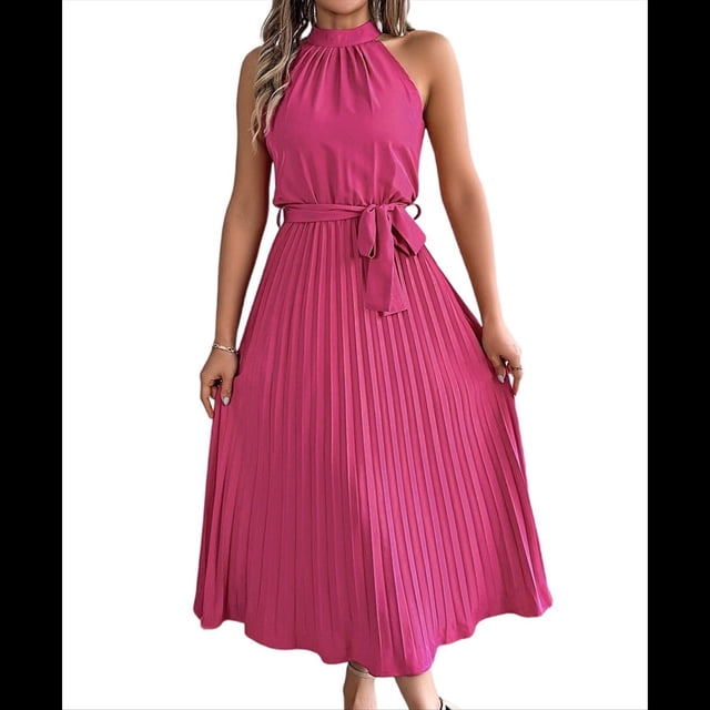 Vestido de Cóctel Midi Plisado con Cuello Halter, Sin Mangas y Corte en A para Mujer, para Playa y Sol (Verano 2025) Rosa Roja M
