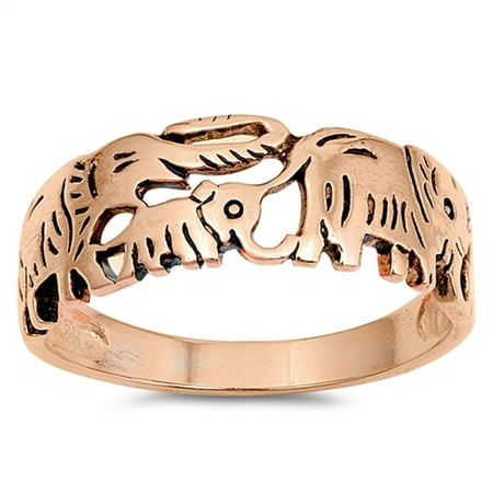 Baby Elephant Ring CHOOSE YOUR COLOR Rose Gold-Tone Elephant Family Filigree Ring 925 Sterling Silver Band (Rose Gold-Tone/Ring Size 6) ()