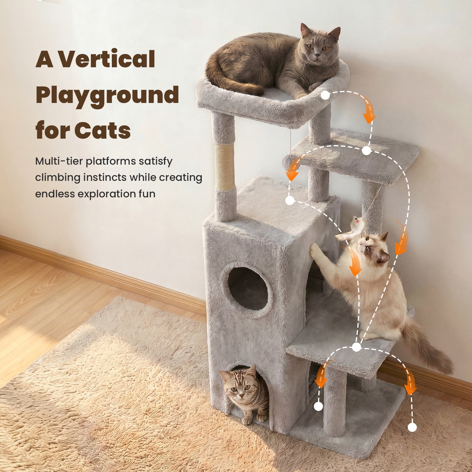 50 in Cat Tree Tower for Large Cats - Tall Cat Cando with Scratching Posts & Dangling Toys for Indoor Cats, Light Gray, 23.20 x 21.60 x 50.00 in
