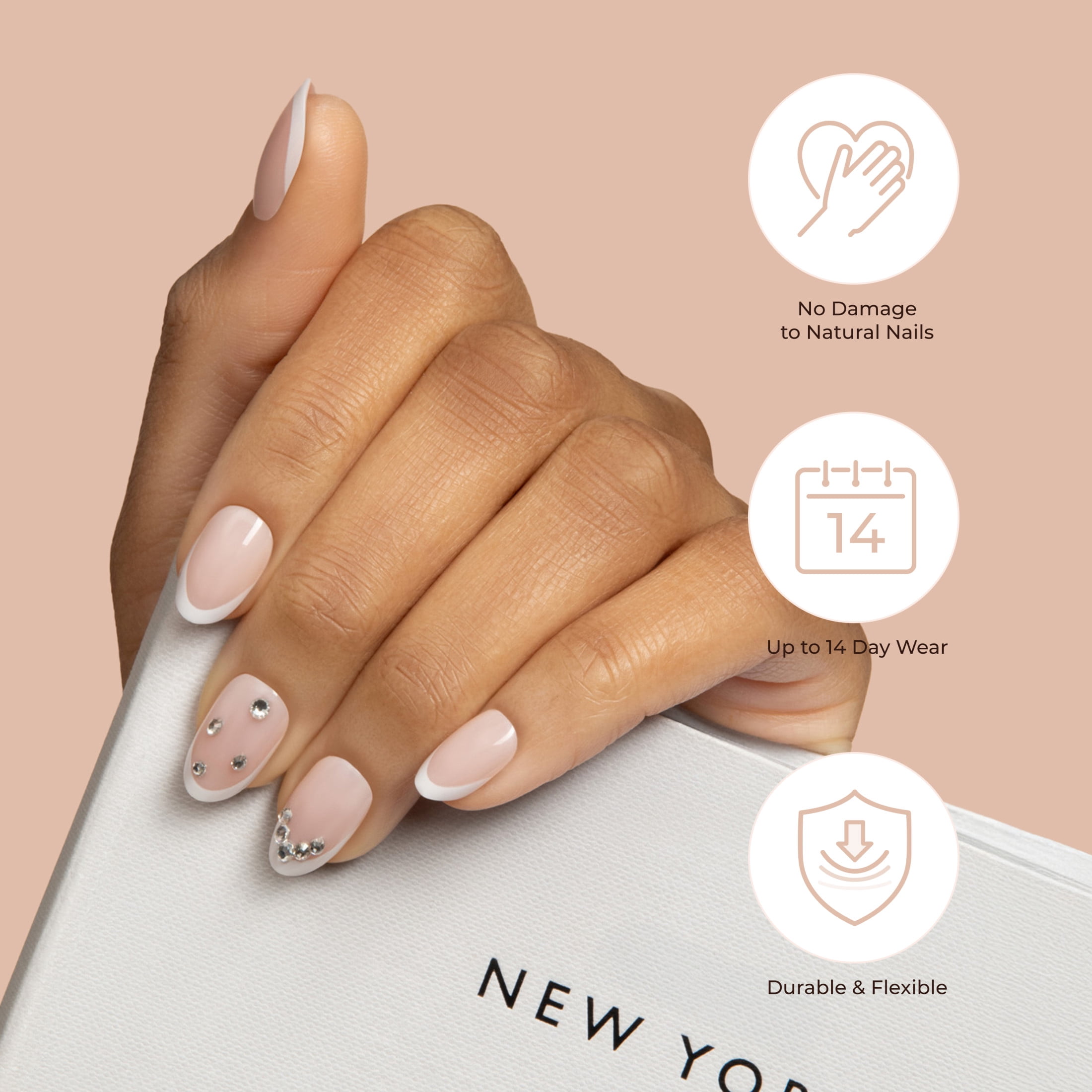 KISS Classy Premium, Press On Nails, Croissant City, White, Medium Almond, 30 Count