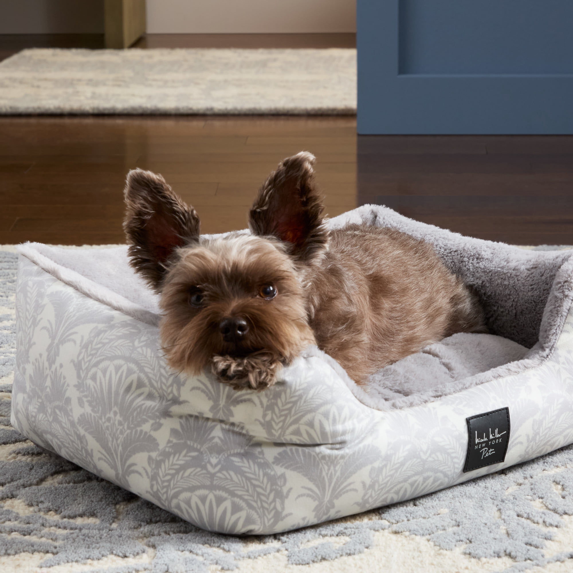 NICOLE MILLER NEW YORK PET Mod Damask Plushy Bolster Pet Bed, Cozy & Calming, Water Repellent, Non-Slip Bottom, 100% Machine Washable, Grey, Extra Small 19"x15"x6"
