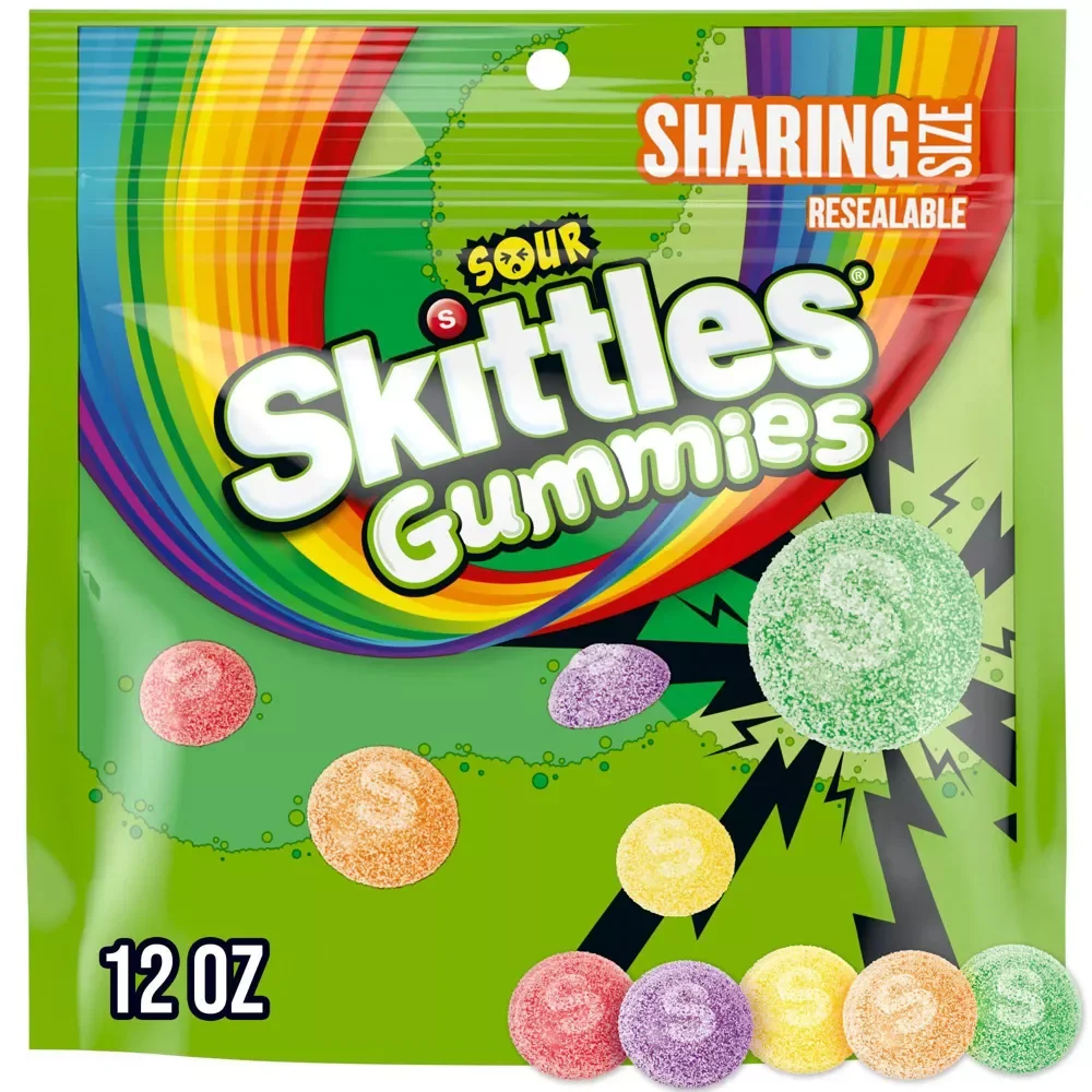 Skittles Sour Gummies, Assorted Fruit Flavors Candy, Resealable 12-Ounce Sharing Size (Pack of 4)