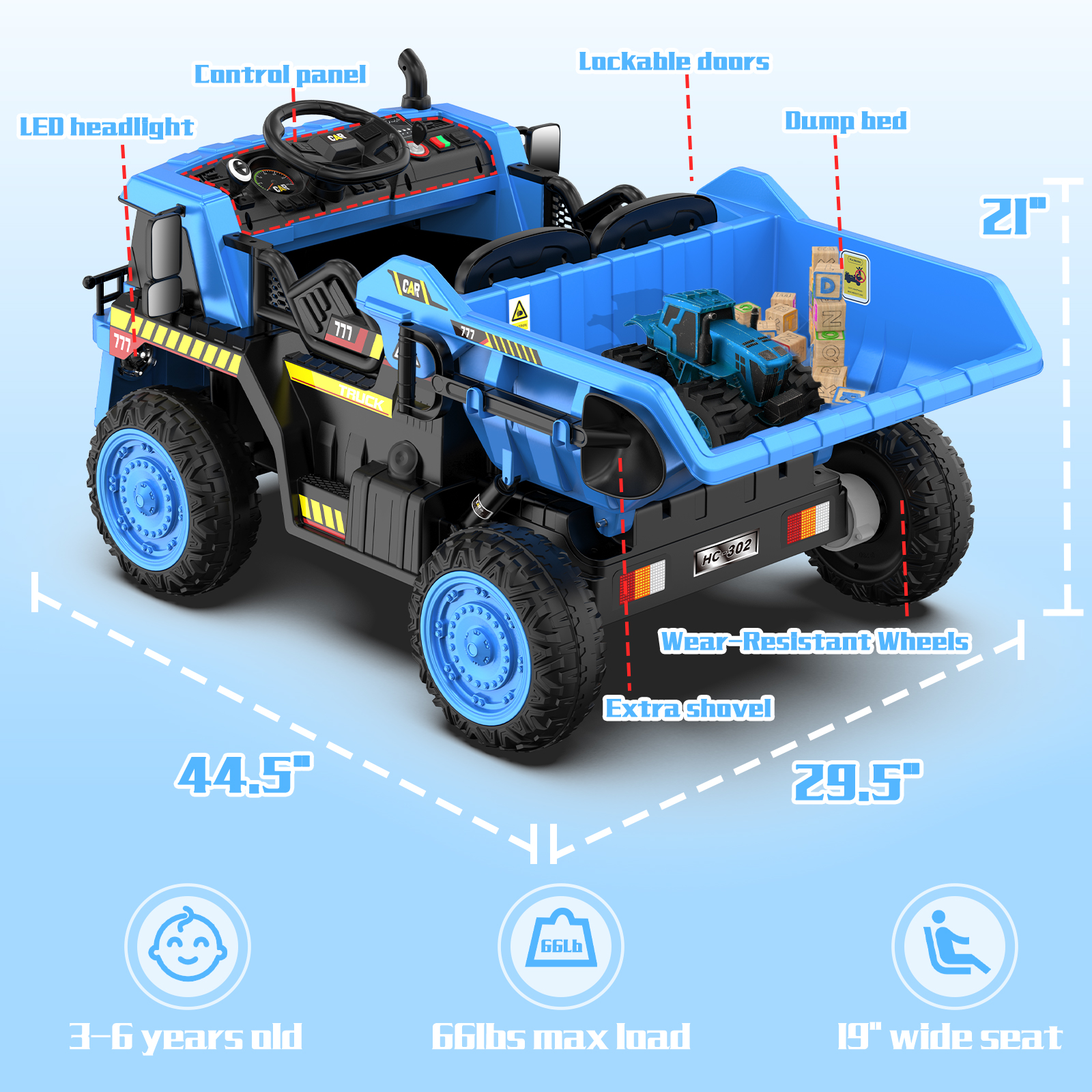 TOKTOO 12V Powered Ride on Dump Truck, Kid Electric Car with Remote Control, Music Player, Electric Dump Bed-Blue - image 3 of 13