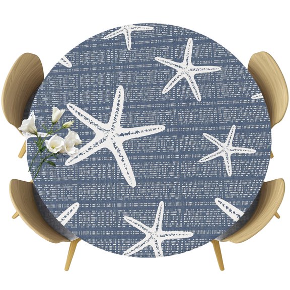 Round Fitted Tablecloth with Elastic Edge, Ocean Starfish Navy Blue Stripes Fitted Table Cloth for Round Tables 55-60in, Summer Beach Waterproof Tablecloth for Outdoor Picnic Party