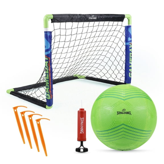 Spalding Soccer Goal Set includes a foldable soccer net with a ball, making it a pop-up goal perfect for practice, games, and outdoor play for kids.