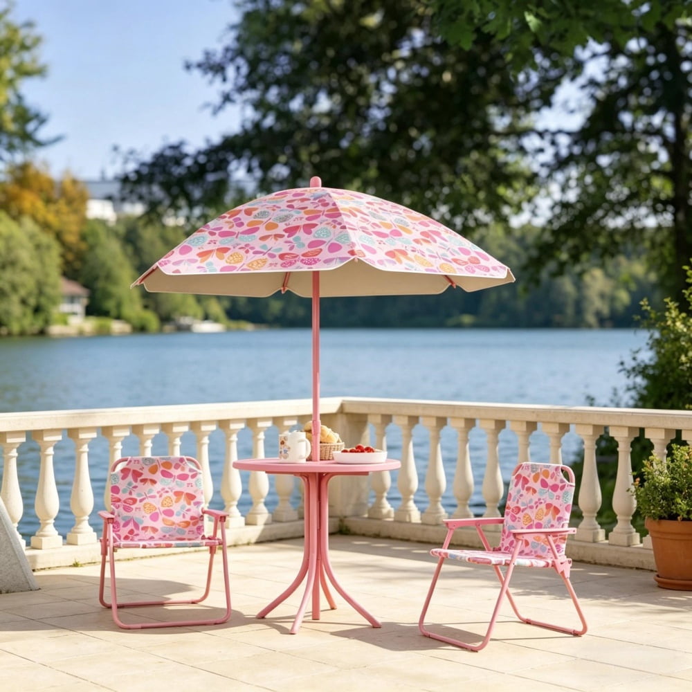 Pink Kids 4-Piece Outdoor Set (Table + 2 Chairs + Umbrella) - Butterfly Design, Foldable & Safe for 2-5 Years Old