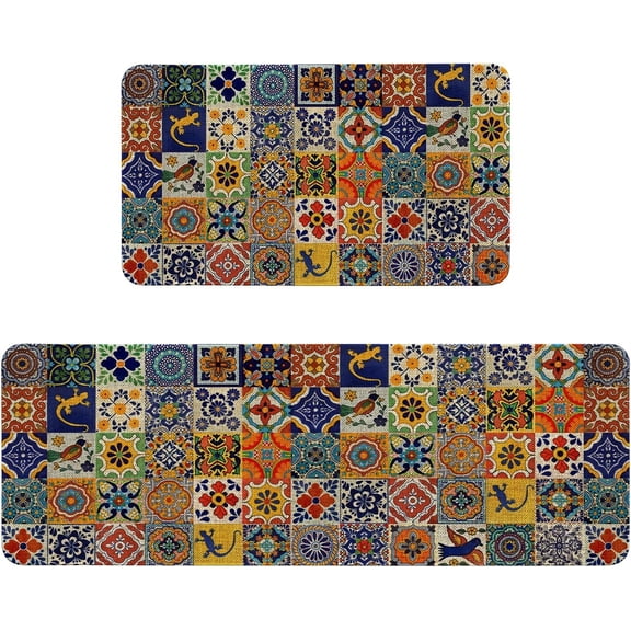 Mexican Talavera Kitchen Rugs Sets of 2 Non Slip Washable, Mexican Tile Kitchen Mats for Floor 2 Piece Home Decor