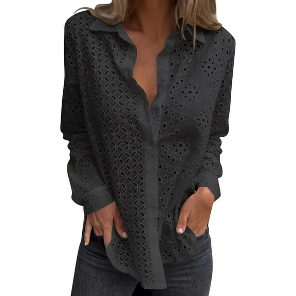 UGEASLI Women's Long Sleeve Lace Blouse - Embroidery Hollow Out Button Up Shirt, Crochet Eyelet Dressy tops for Women, Spring Casual Fall Fashion Blouses Going Out Office Party, Black
