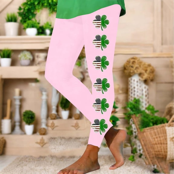 American Flag Clover Print High Rise Leggings for Women Stretchy Trousers Athletic Slim Fit Bottoms Festive Performance Sportswear
