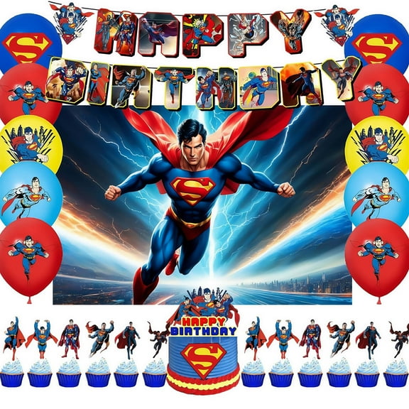 Superman theme party supplies, birthday decoration set includes banner, backdrop, balloons, cake cupcake decorations, suitable for boys and girls Superman theme party