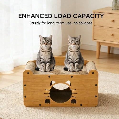 Cat Scratcher House, 2 in 1 Cat Bed and Cave, Wooden Scratching Board for Kittens and Adult Cats