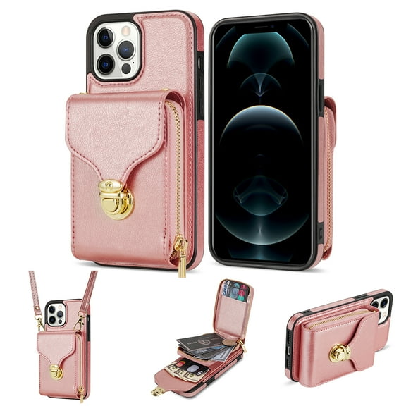 for iPhone 16 Pro Max Case Wallet with Shoulder Strap for Women - Crossbody Lanyard,Zipper Pocket,Credit Card Holder,Shockproof - Metal Buckle Closure Premium PU Leather Case, Rosegold