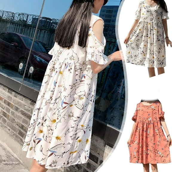 Jinhomg Women's Flowy Maternity Dress Trendy Cold Shoulder Pleated Midi Dress Loose Fit Cute Floral Print Pregnancy Dresses Winter Saving Red XL