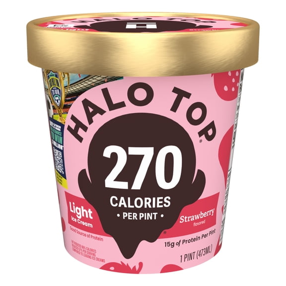 Halo Top Strawberry Flavored Light Ice Cream, With A Good Source of Protein, Lower Calorie Frozen Dessert, 16 fl oz Pint