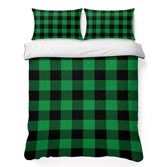 King Quilt Bedding Set, St. Patrick's Day Lucky Green Black Plaid 3 Piece Bedding Set Breathable Quilt with 2 Pillow Shams, Buffalo Lattice Soft Microfiber Summer Comforter for Hot Sleepers