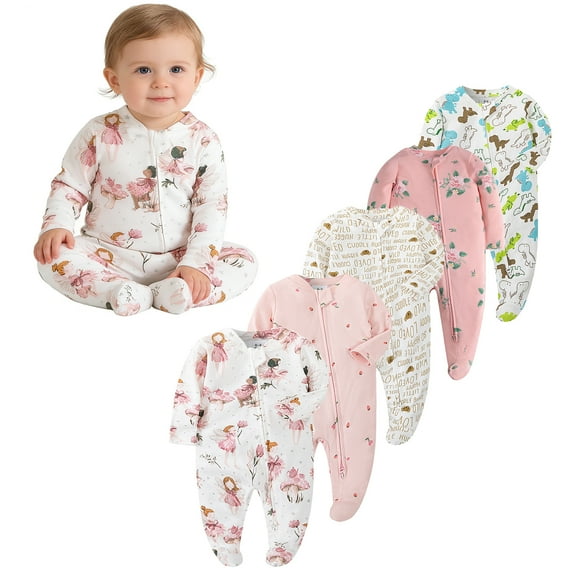 Emy Dola 0-12M Baby Girl's Zipper One-Piece Footies 100% Cotton Newborn Bodysuit Infant Long Sleeve Fall Spring Coming Home Jumpsuit
