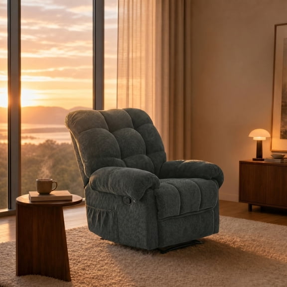 Adult Faux Leather Living Room Stain Resistant and Overstuffed Recliners with Padded Footrest, Gray