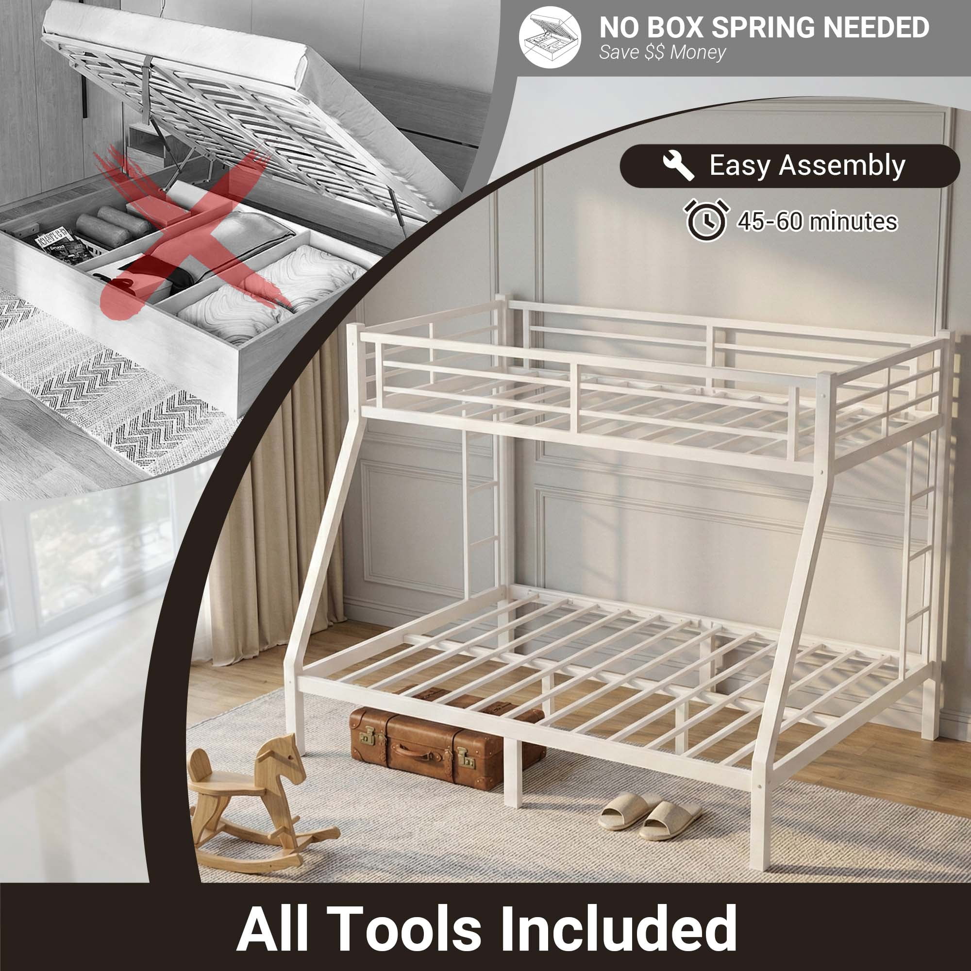 Miniyam Twin Over Full Metal Bunk Bed Frame with Ladder and Guardrails, White