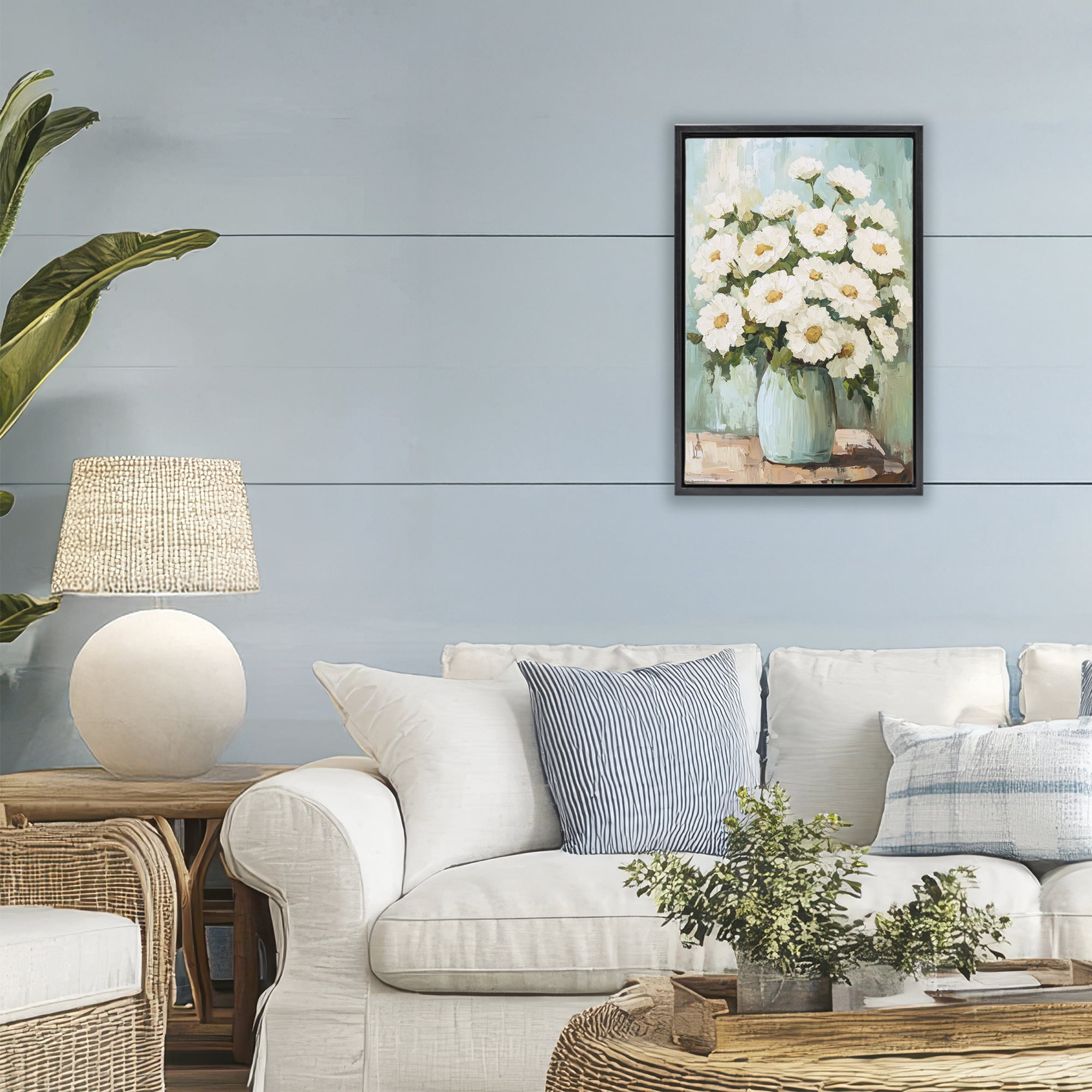 Stupell Industries Cozy Arrangement of White Blooms Black Framed Floater Canvas Wall Art, design by Petal Prints Design