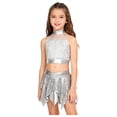 thumbnail image 4 of iiniim Girls 2 Piece Jazz Latin Dance Outfit Sequin Sleeveless Crop Top with High Low Mini Skirt for Disco Hip Hop Dancewear Silver 14, 4 of 7