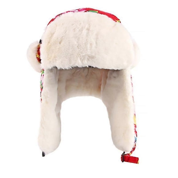 Mimigo Ethnic Style Retro Big Red Flower Cap Russian Trapper Soviet Ushanka Bomber Hat Earflap Fur Lined Cap Men Women Pilot Hat