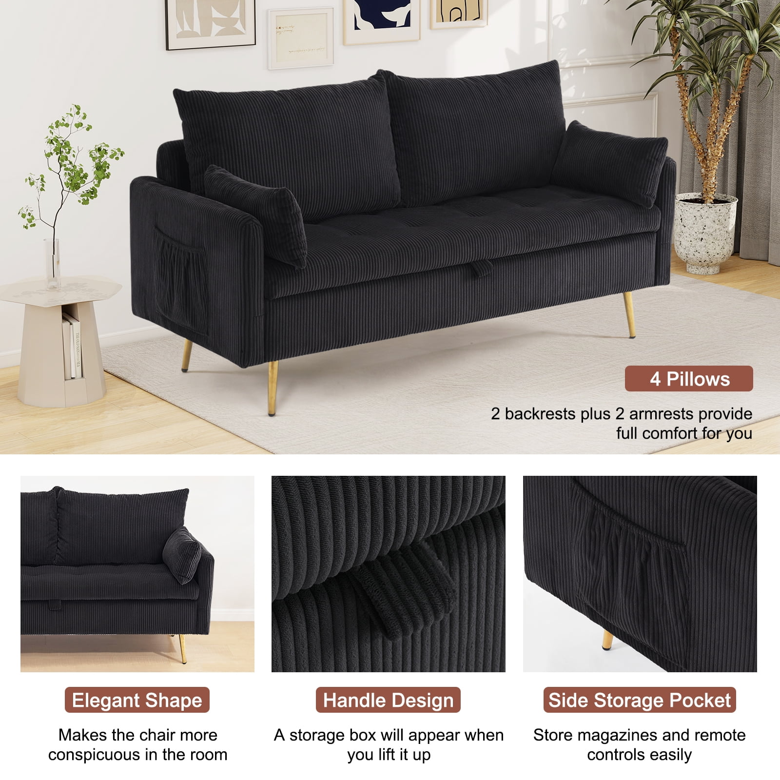 Furniliving Loveseat Sofa, Comfy Teddy Fleece Love Seat Couch, Sofas Couch with 2 Pillows for Small Space, Black
