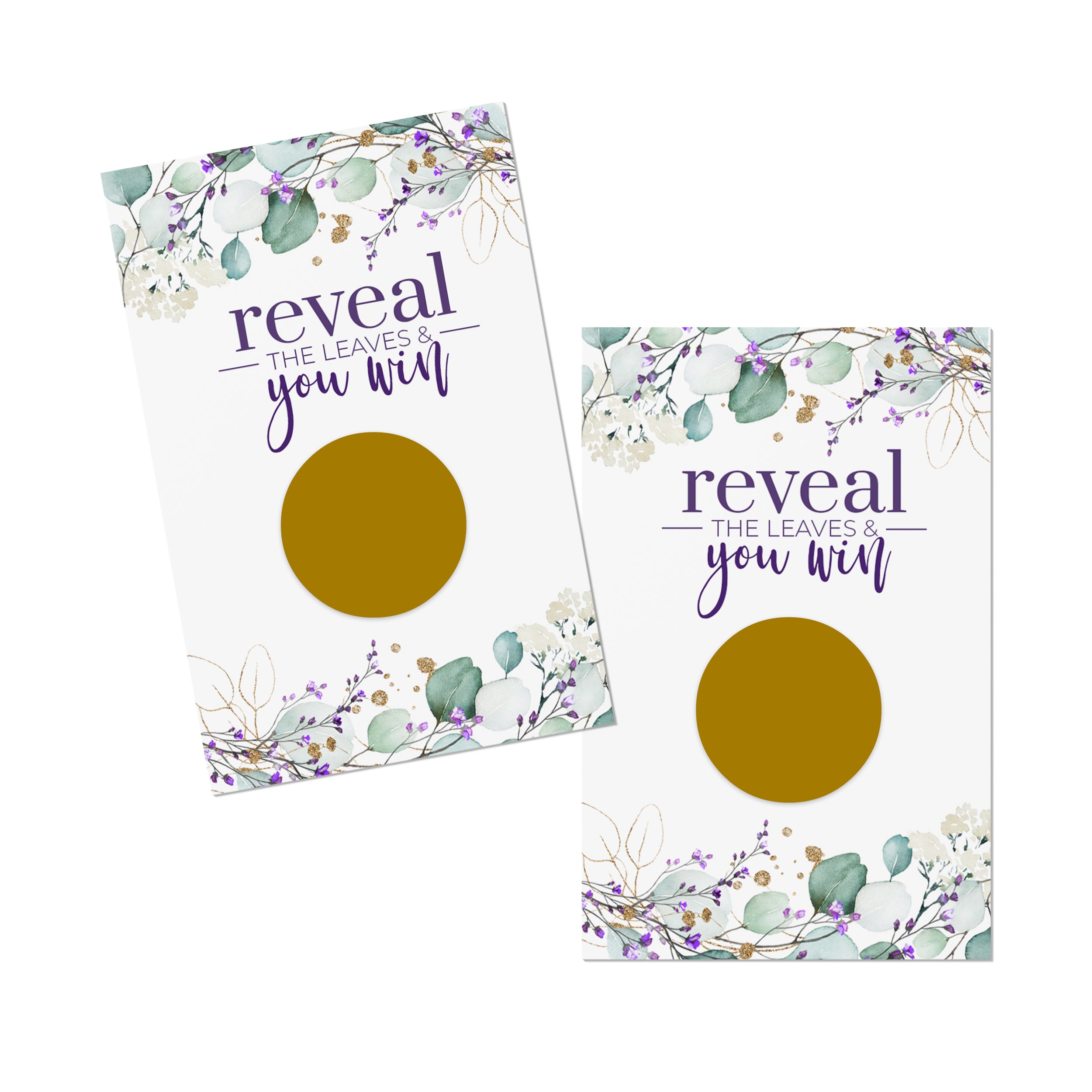 Violet Greenery Scratch Off Game Pack (30 Cards) Ideas for Bridal Shower, Baby Shower, Reception - Raffle Tickets, Drawings - Purple and Gold Eucalyptus Favors - Paper Clever Party