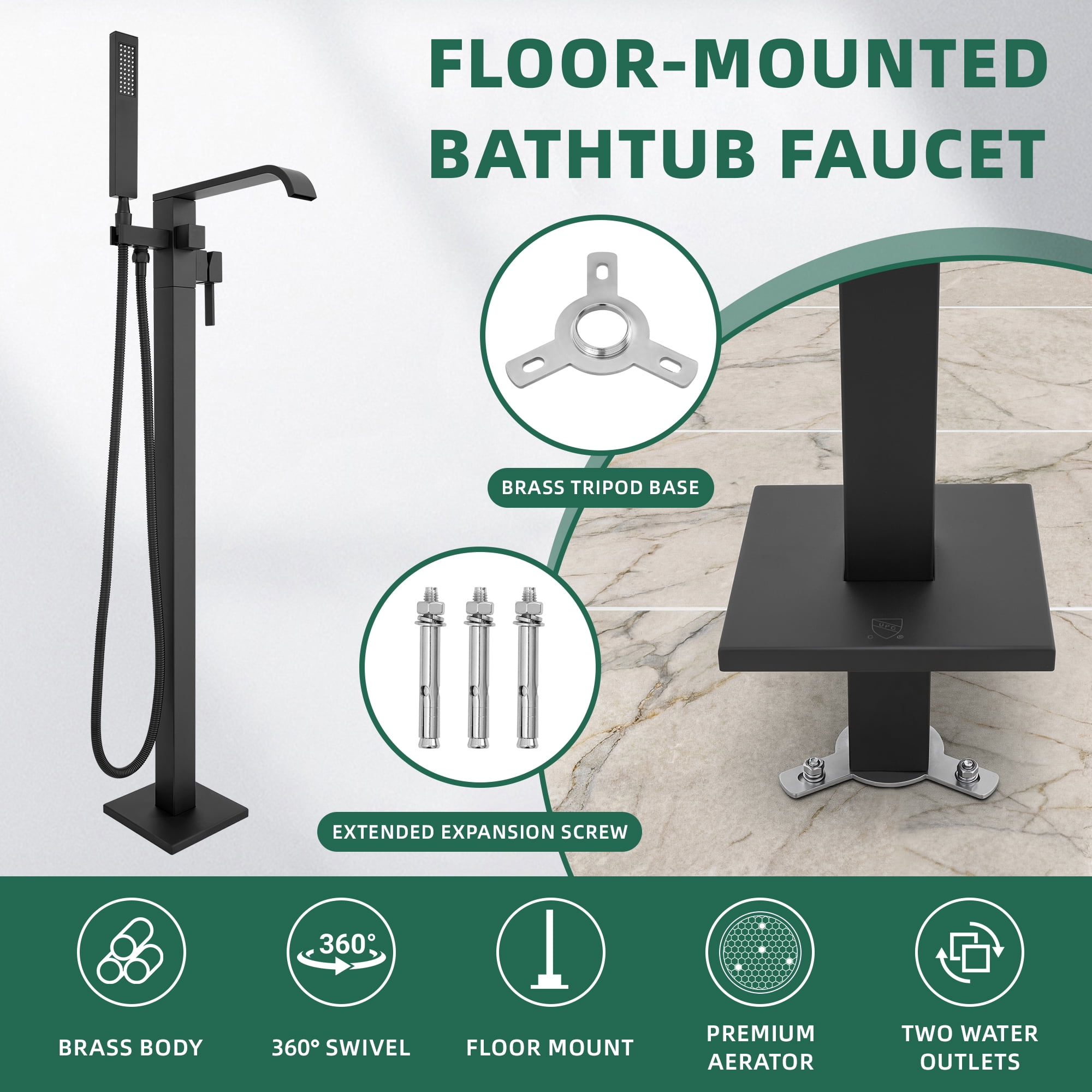 Free Standing Tub Faucet, High Flow Freestanding Bathtub Faucet with Waterfall Spout & Handheld Shower, 360°Swivel Tub Filler, Brass Body, Matte Black