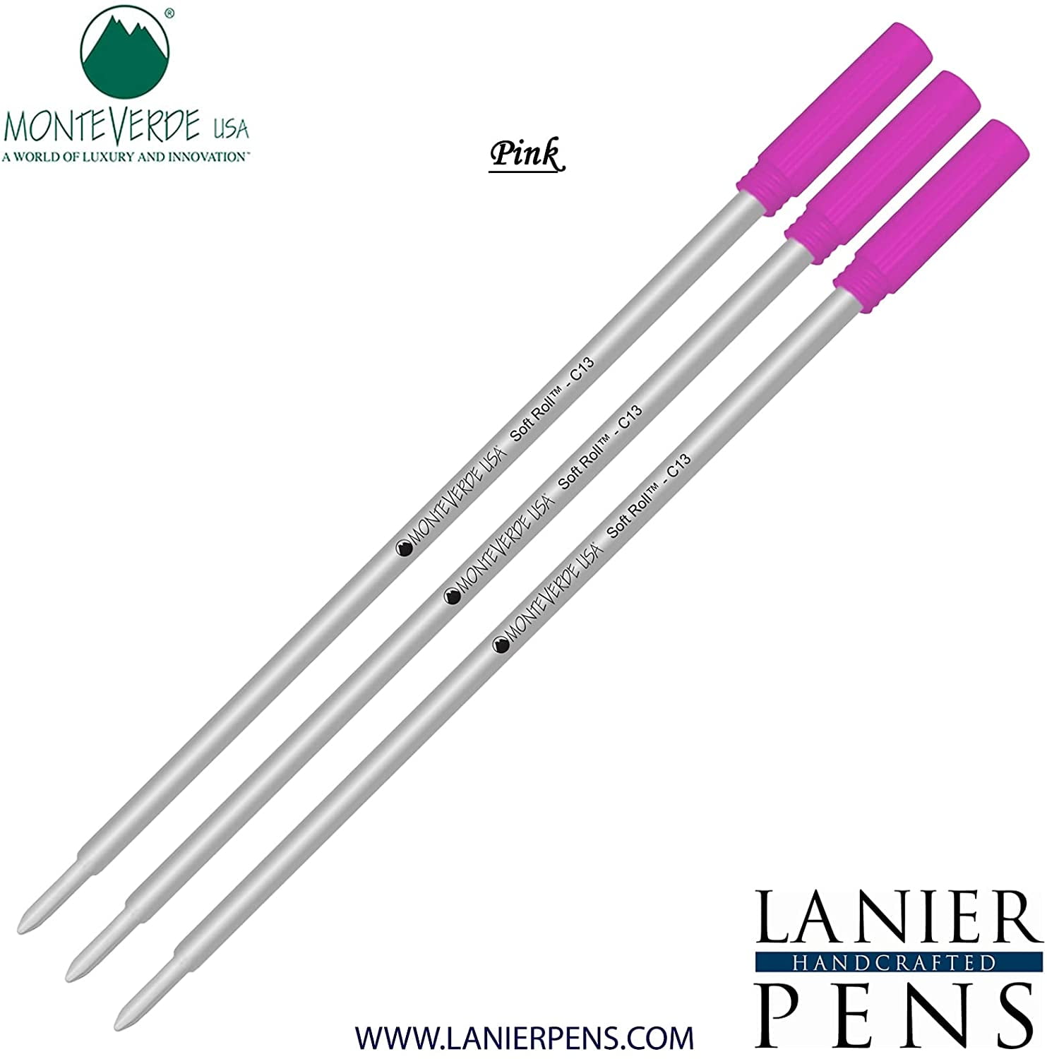 Lanier Combo Pack - 3 Pack - Monteverde Soft Roll Ballpoint C13 Paste Ink Refill Compatible with most Cross Style Ballpoint Pens - Pink (Medium Tip 0.7mm)