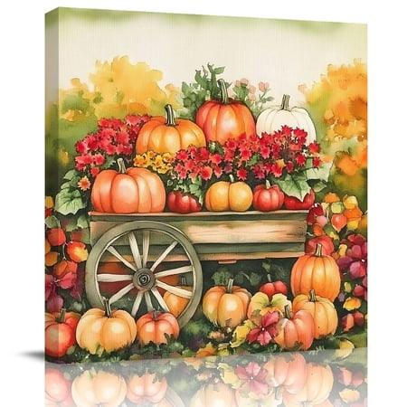 Wall Art Prints Orange Red Pumpkin Fall Framed Canvas Prints for Bedroom Living Room Bathroom Office Thanksgiving Harvest Botanical Gallery Wrap Wall Art Poster for Gifts Home Decor 8 x8