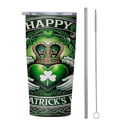 

St Patricks Day Claddagh Symbol and Shamrocks 20oz Tumbler Insulated Stainless Steel Water Bottle Portable Travel Coffee Tea Mug Cup