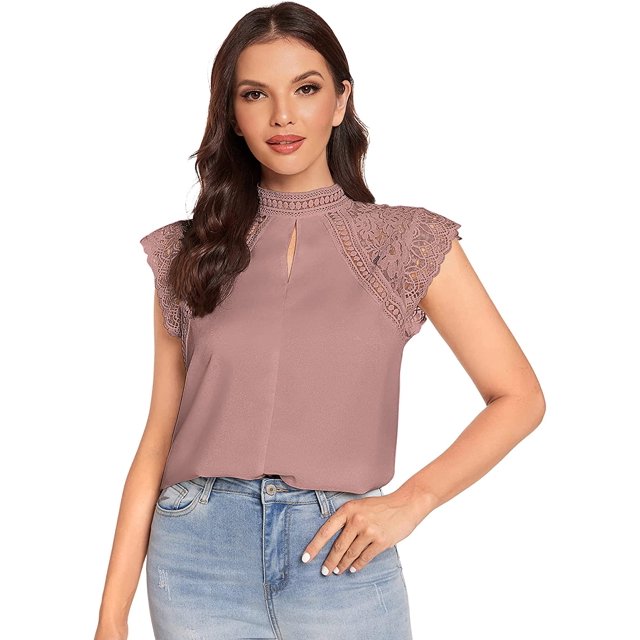Blusas elegantes de encaje en contraste para mujer Recorte rosa empolvado XL Recorte rosa empolvado XL Xishao ropa