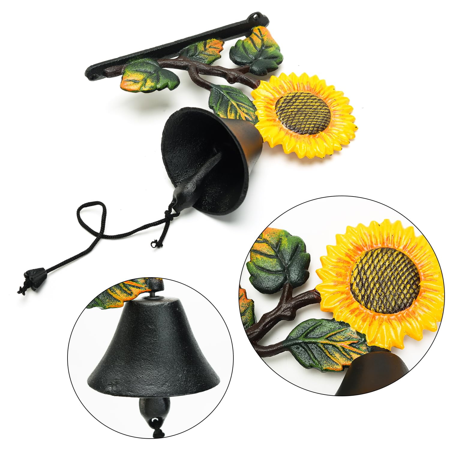 Sungmor Cast Iron Wall Bell Decorative Hand-Painted Sunflower Hand Bell, Manually Shaking Wall Hanging Doorbell - Indoor Outdoor Wall Mounted Dinner Bell - Garden Home Wall Decoration