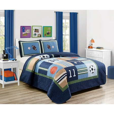 New Football Ball - Fancy Linen 2pc Twin Bedspread Set Sport Navy Football Basketball Baseball New