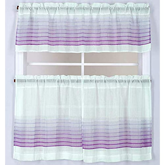 DiamondHome 3pc Sheer with Embroidery Kitchen/Cafe Curtain Tier and Valance Set (Stripe/Purple)