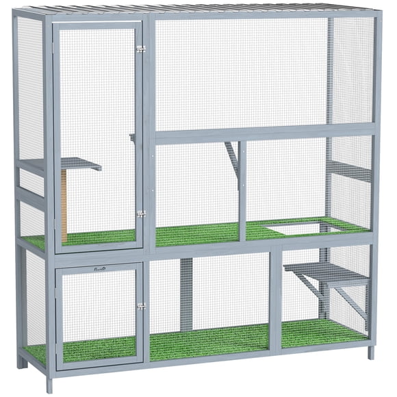PawHut Catio Outdoor Cat Enclosure, 77" H Wooden Cat House with Roof