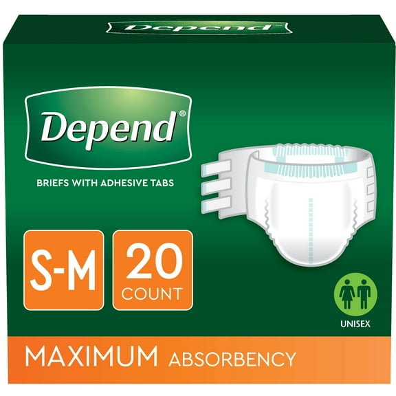 Depend Unisex Maximum Absorbency Adjustable Incontinence Briefs with Tabs, S/M, 20 Ct (Pack of 3 |Total of 60 ct)