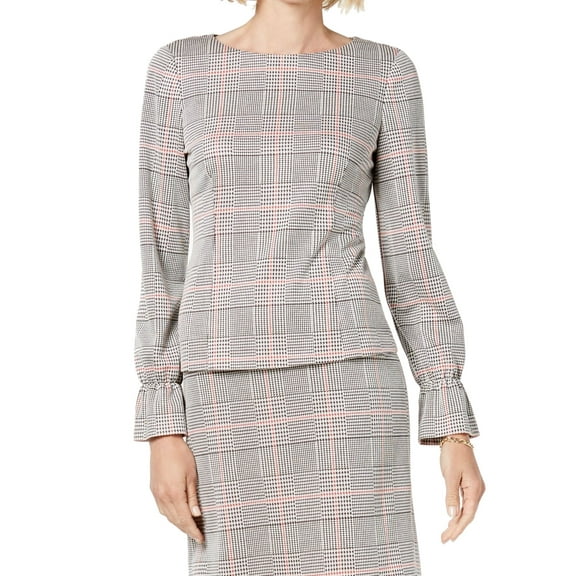 Nine West Women's Plaid Bell-Sleeve Top (S, Black/Cinnamon Multi)