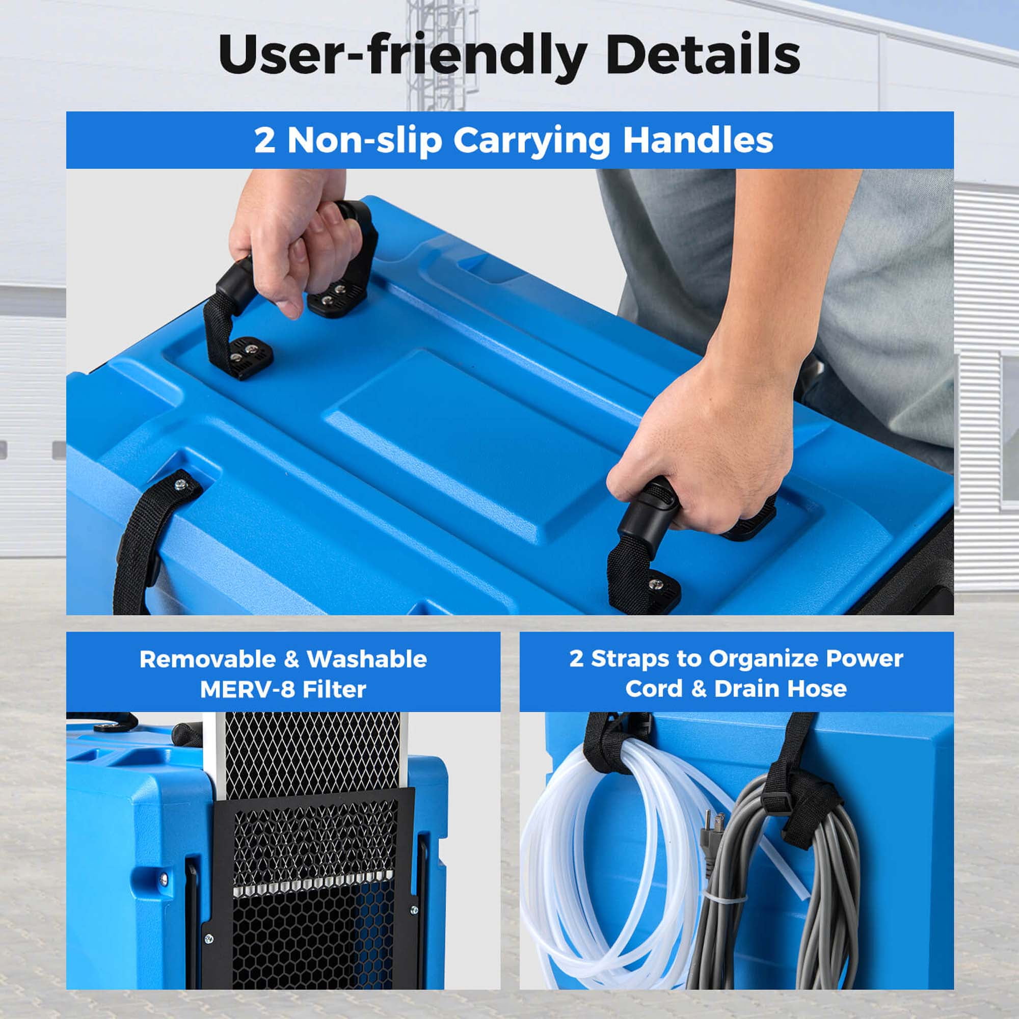 Costway 50-Pint(DOE) Commercial Dehumidifier Rotational Molded Industrial Dehumidifier with Pump Blue 9,000 Sq.ft Coverage Area (MAX 190Pint at 95°F, 90%RH)